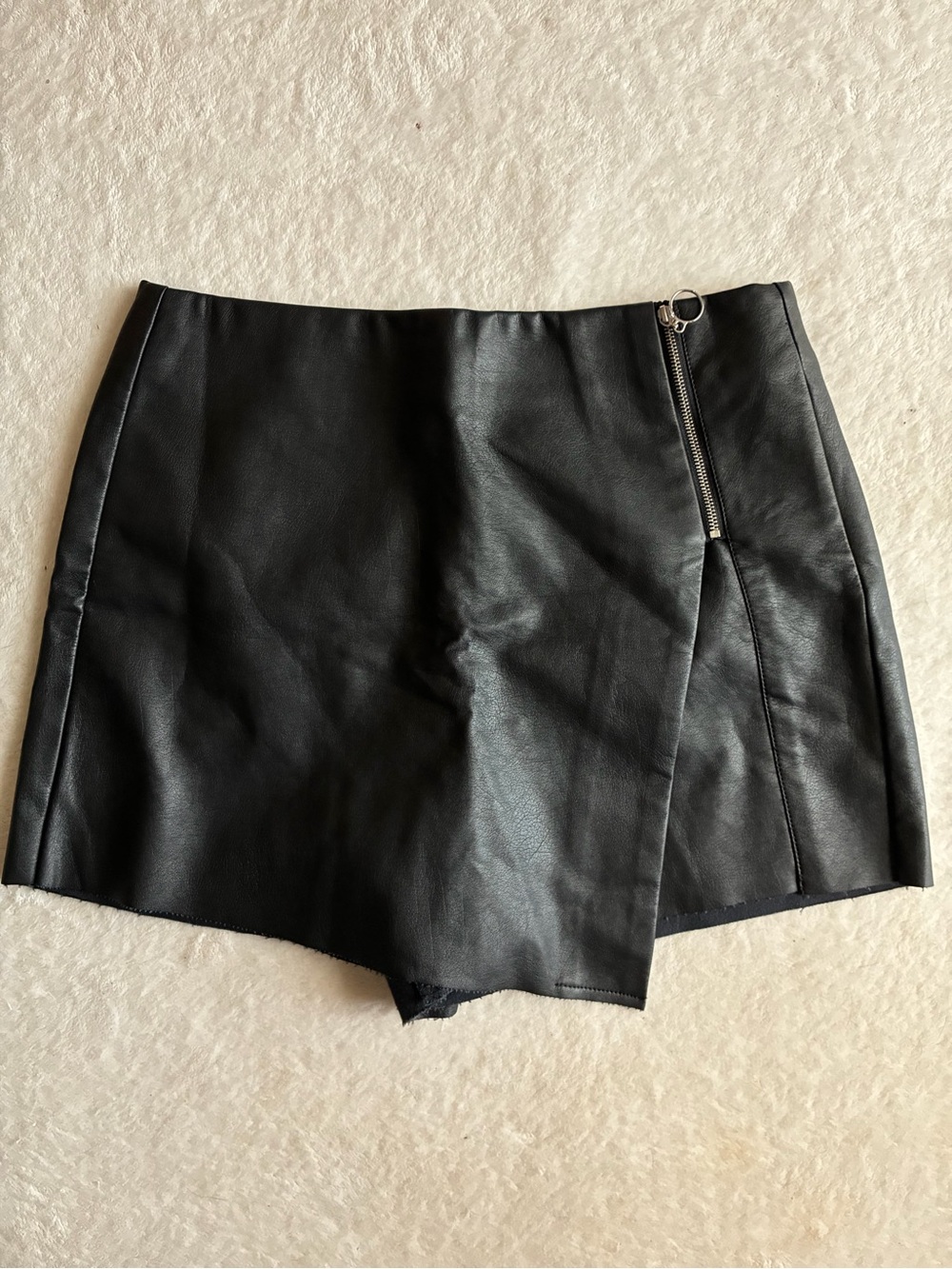 Black Faux Leather Mini Skort with Ring Zip Accent